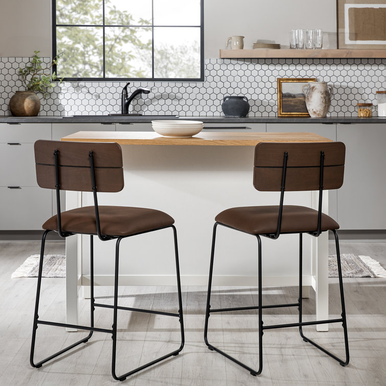 Brown Leather and Wood Swivel Counter Stool with Metal Frame