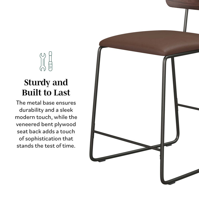 Brown Leather and Wood Swivel Counter Stool with Metal Frame