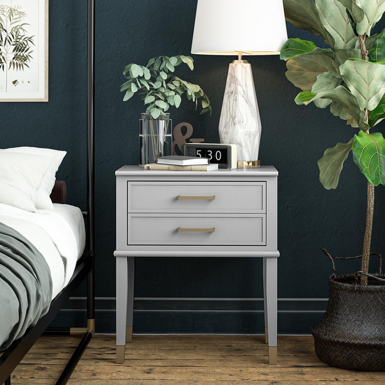 Dove Gray Wooden End Table with Gold Accents and Storage