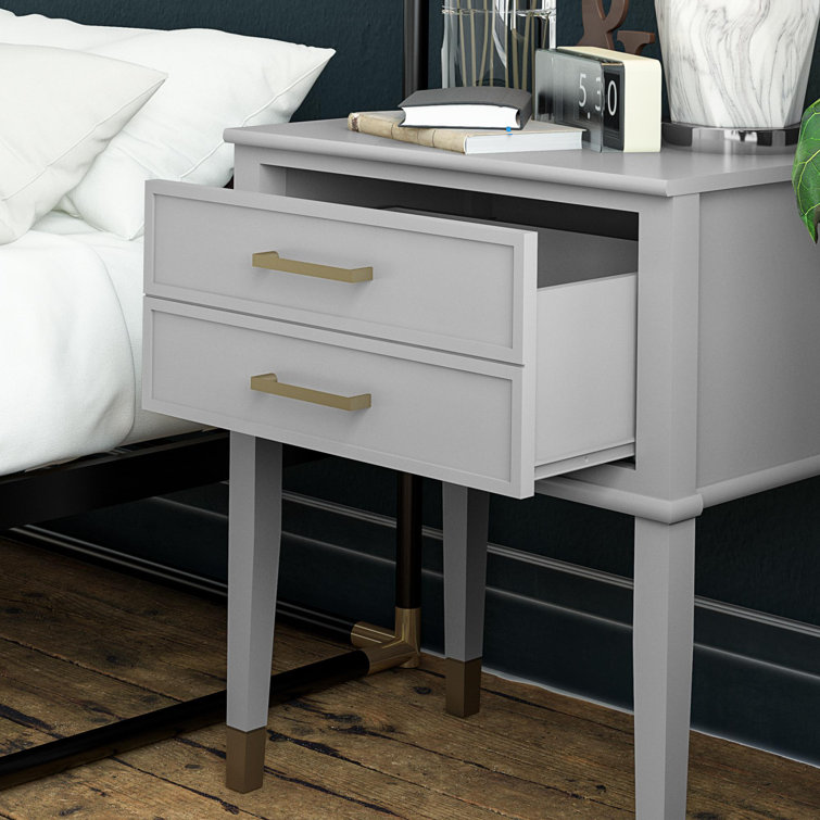 Dove Gray Wooden End Table with Gold Accents and Storage