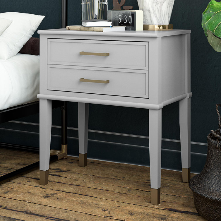 Dove Gray Wooden End Table with Gold Accents and Storage