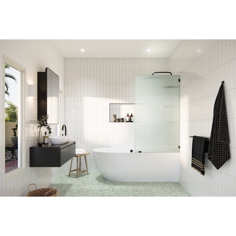 Gaia 34" x 58.25" Frameless Fluted Glass Bath Panel with Matte Black Hardware