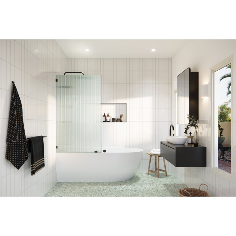 Gaia 34" x 58.25" Frameless Fluted Glass Bath Panel with Matte Black Hardware