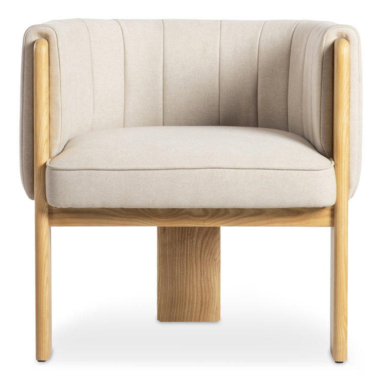 Beige Polyester Upholstered Barrel Chair with Natural Wood Frame