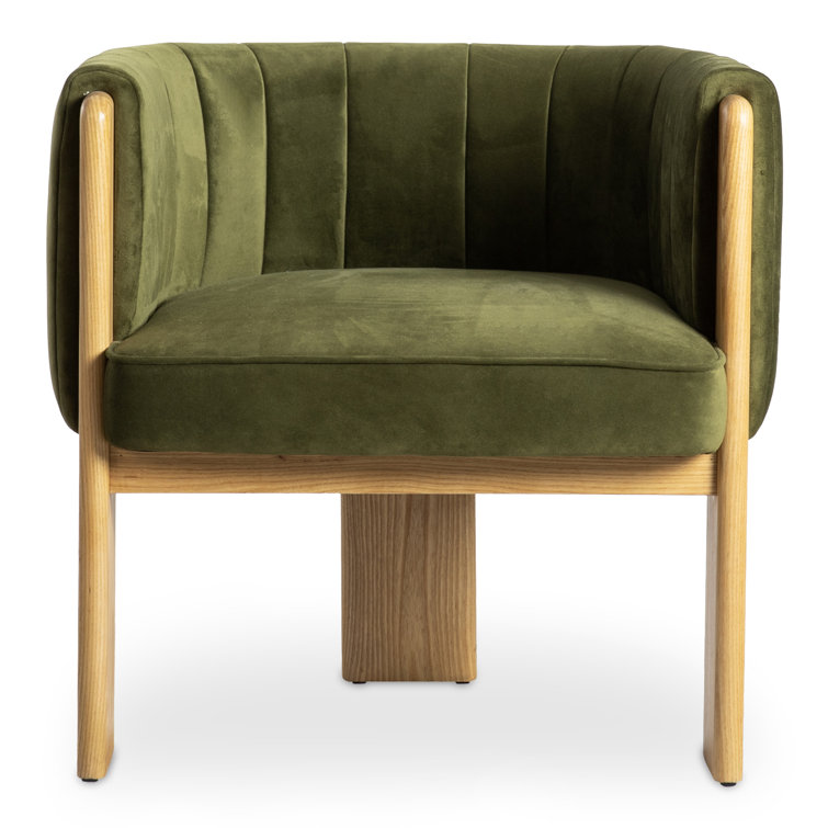 Green Velvet and Natural Wood Barrel Chair