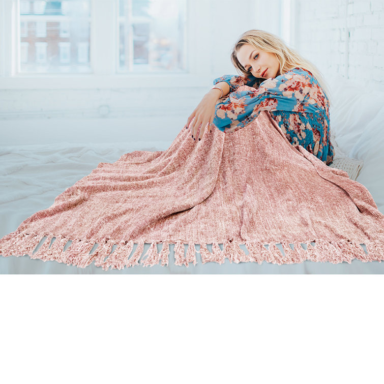 Blush Pink Chenille Knitted Reversible Throw Blanket with Tassel Fringe