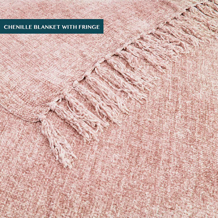 Blush Pink Chenille Knitted Reversible Throw Blanket with Tassel Fringe