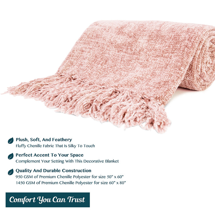 Blush Pink Chenille Knitted Reversible Throw Blanket with Tassel Fringe