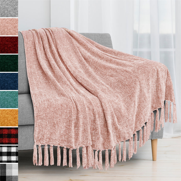 Blush Pink Chenille Knitted Reversible Throw Blanket with Tassel Fringe