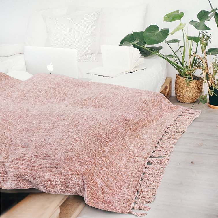 Blush Pink Chenille Knitted Reversible Throw Blanket with Tassel Fringe