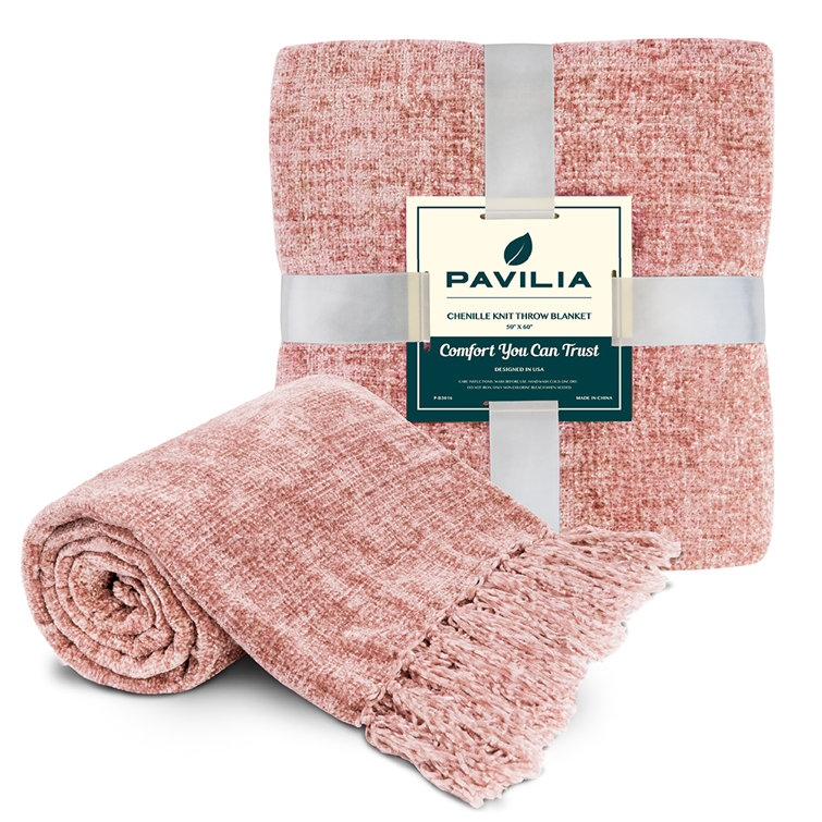 Blush Pink Chenille Knitted Reversible Throw Blanket with Tassel Fringe