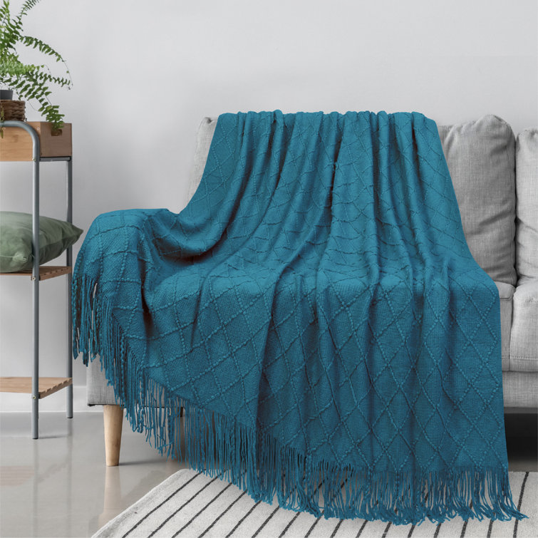 Teal Blue Knitted Fleece Reversible Throw Blanket