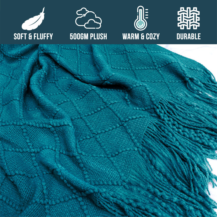 Teal Blue Knitted Fleece Reversible Throw Blanket