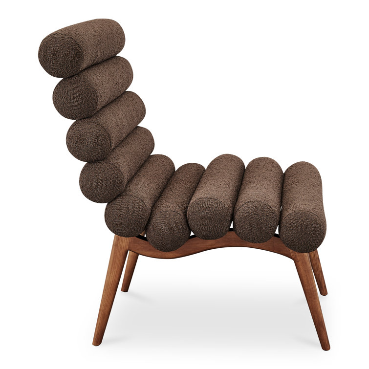 Brown Boucle Upholstered Lounge Chair with Solid Wood Legs