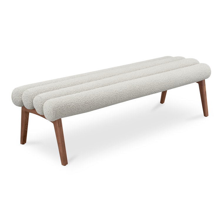 Ash Wood Straight Leg Bench with White Boucle Upholstery