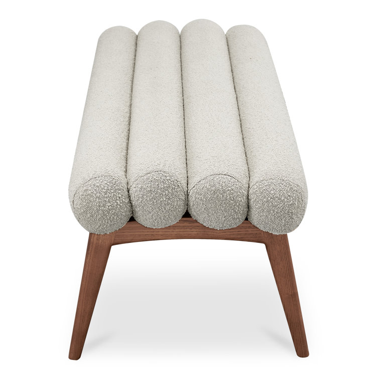 Ash Wood Straight Leg Bench with White Boucle Upholstery