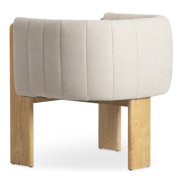 Beige Polyester Upholstered Barrel Chair with Natural Wood Frame