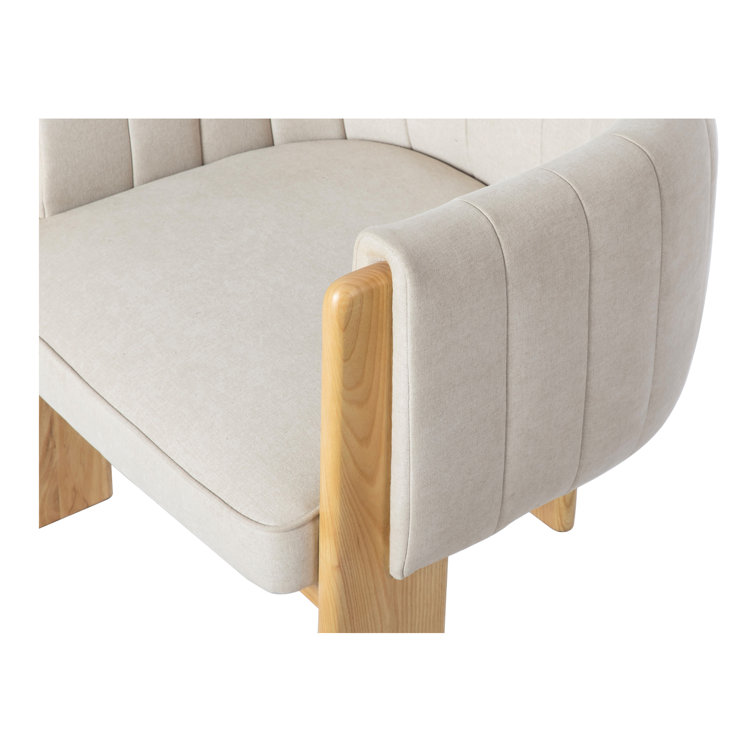 Beige Polyester Upholstered Barrel Chair with Natural Wood Frame