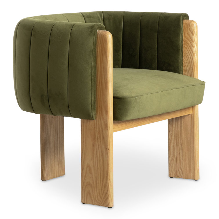 Green Velvet and Natural Wood Barrel Chair