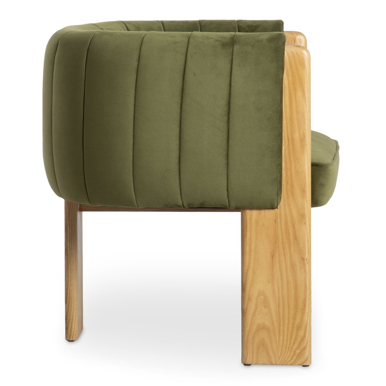 Green Velvet and Natural Wood Barrel Chair