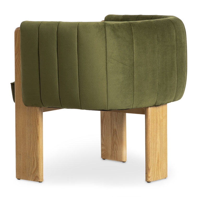 Green Velvet and Natural Wood Barrel Chair