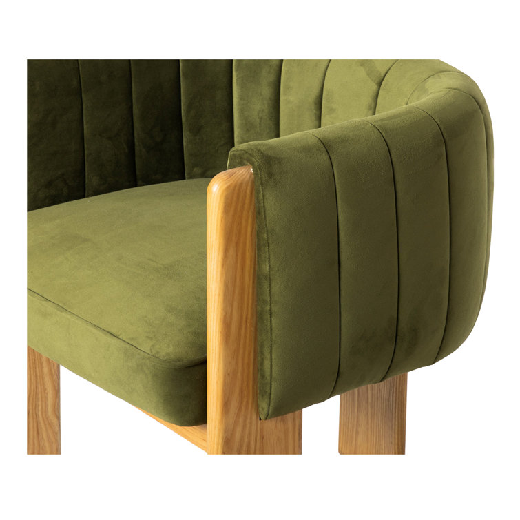 Green Velvet and Natural Wood Barrel Chair