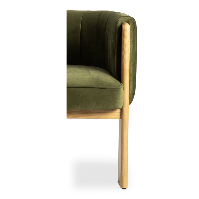Green Velvet and Natural Wood Barrel Chair