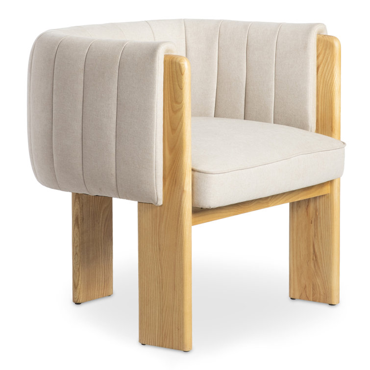 Beige Polyester Upholstered Barrel Chair with Natural Wood Frame