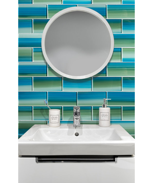 Hand Painted Blue and Green Glass Subway Wall Tile, 3" x 6"
