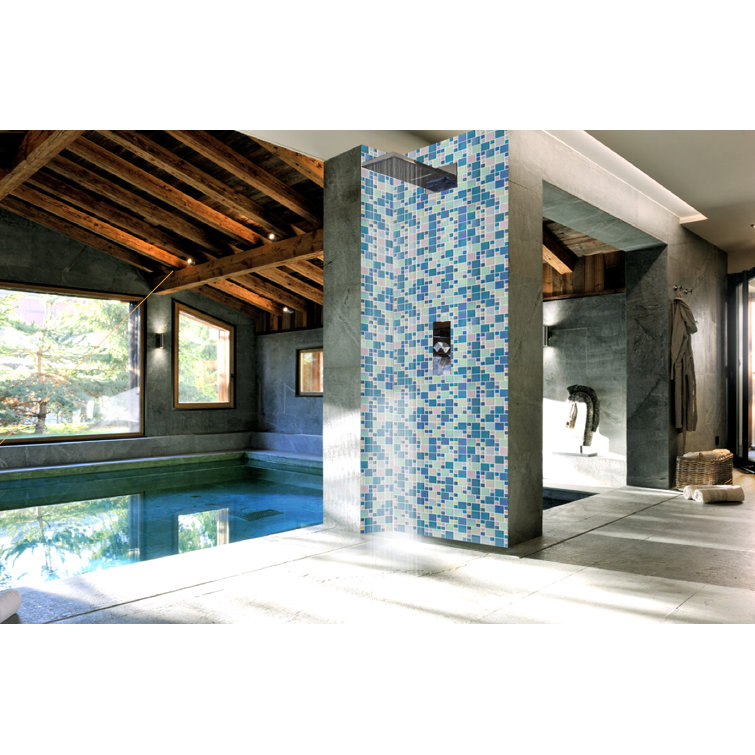 Alaskan Blue Iridescent Glass Mosaic Wall Tile, 12-in x 12-in