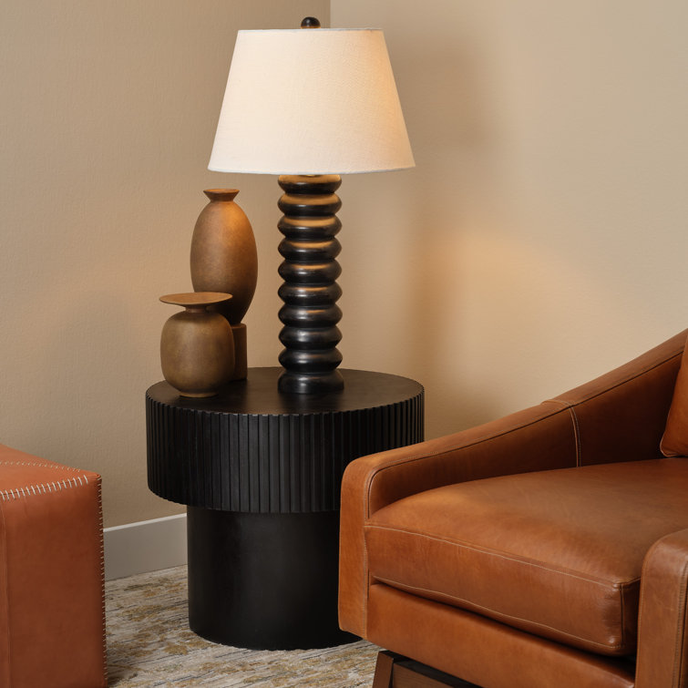 Black Mango Wood Beaded Table Lamp with Linen Shade