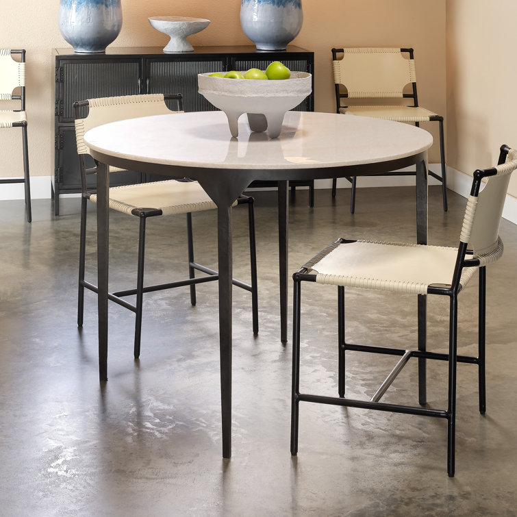 Round White Marble and Black Iron Dining Table for Four