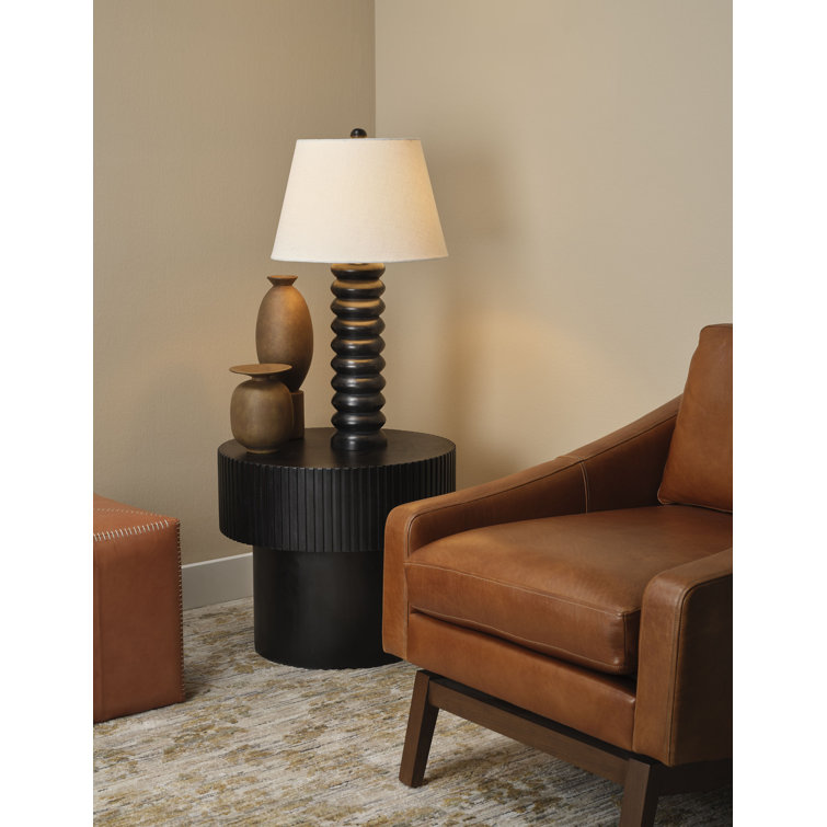 Black Mango Wood Beaded Table Lamp with Linen Shade
