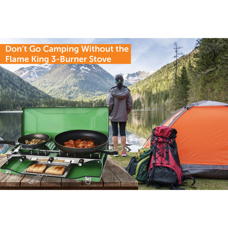 Green 3-Burner Portable Gas Camping Stove with Toast Tray