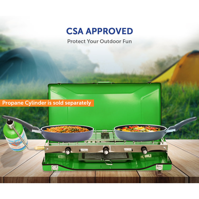 Green 3-Burner Portable Gas Camping Stove with Toast Tray