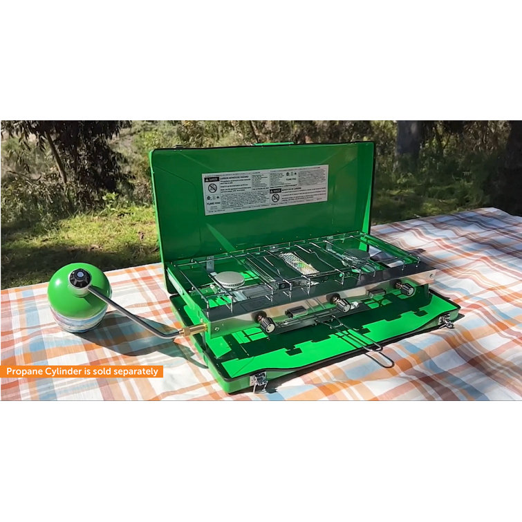 Green 3-Burner Portable Gas Camping Stove with Toast Tray