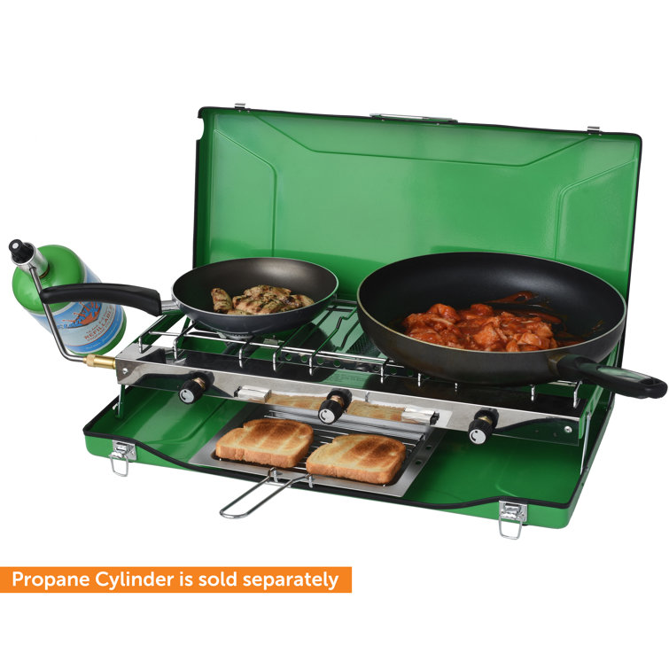 Green 3-Burner Portable Gas Camping Stove with Toast Tray