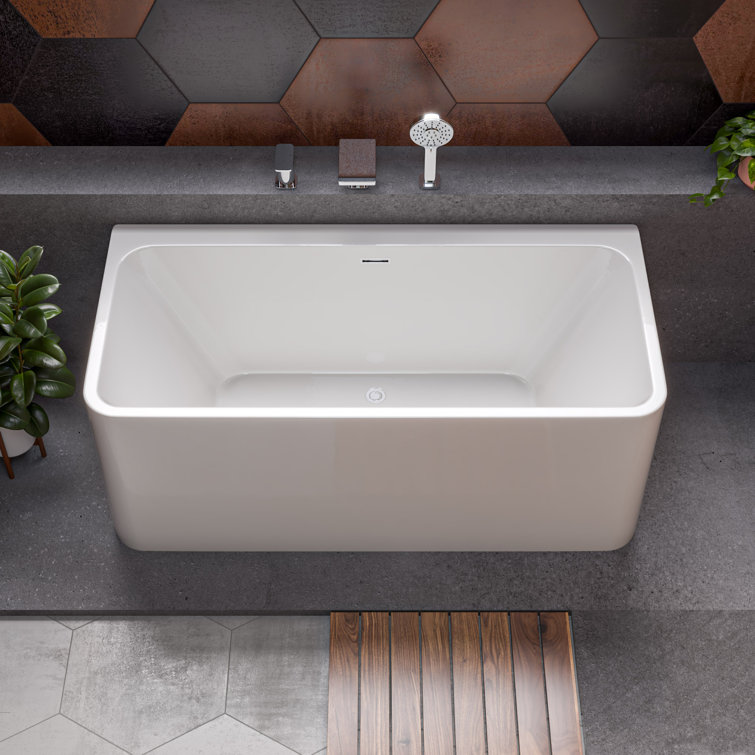 59'' White Freestanding Rectangular Acrylic Soaking Bathtub