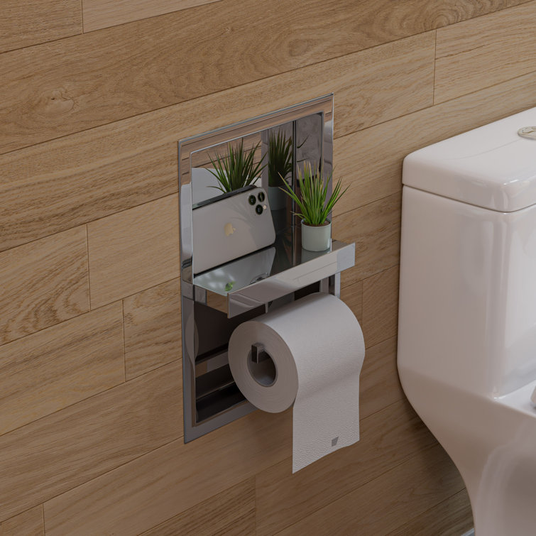 Polished Stainless Steel Recessed Toilet Paper Holder with Shelf