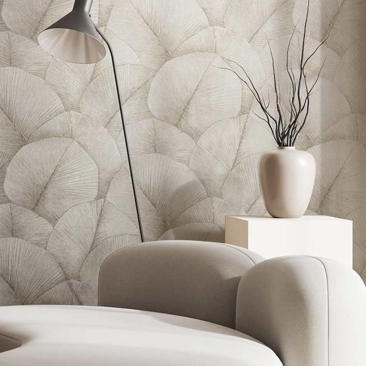 Ivory Embossed 3D Palm Leaf Non-Pasted Vinyl Wallpaper Roll