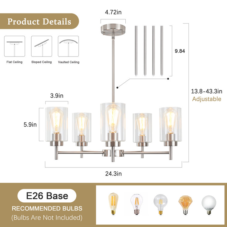 Nickel 5-Light Kitchen Island Chandelier with Clear Glass Shades