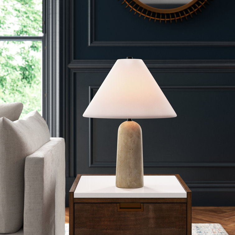 Small White Travertine Table Lamp with Linen Shade