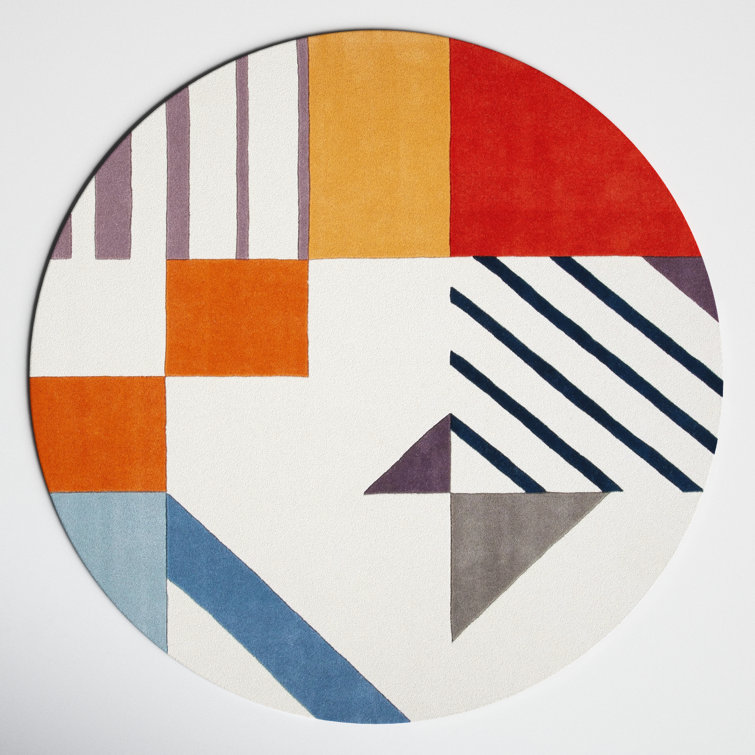 Ivory Geometric Art Deco Inspired 7' Round Wool Area Rug