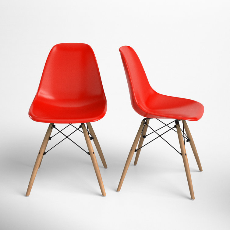 Red Plastic Bucket Seat Side Chair with Walnut Legs, Set of 2