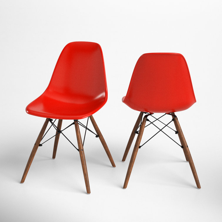 Red Plastic Bucket Seat Side Chair with Walnut Legs, Set of 2