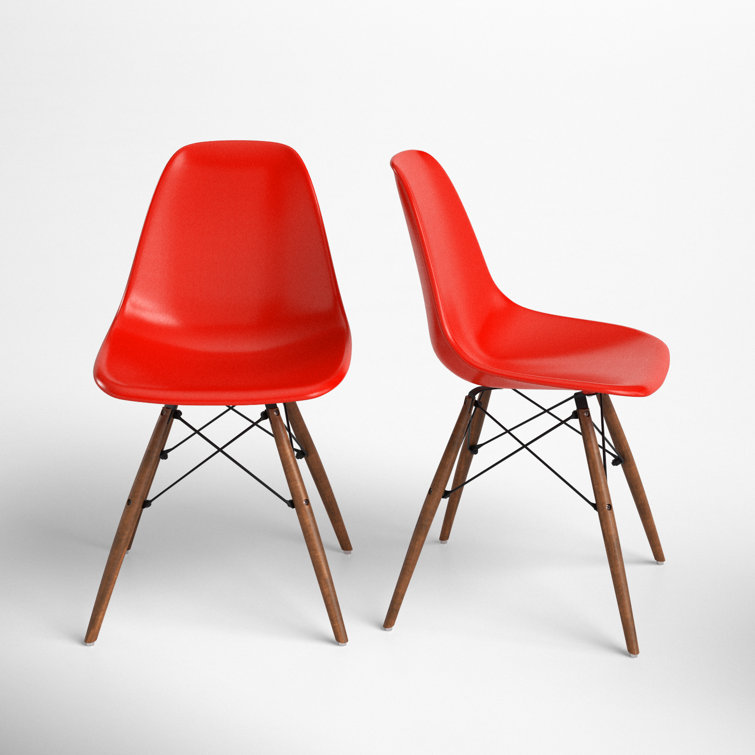 Red Plastic Bucket Seat Side Chair with Walnut Legs, Set of 2