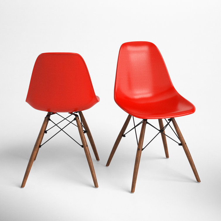 Red Plastic Bucket Seat Side Chair with Walnut Legs, Set of 2