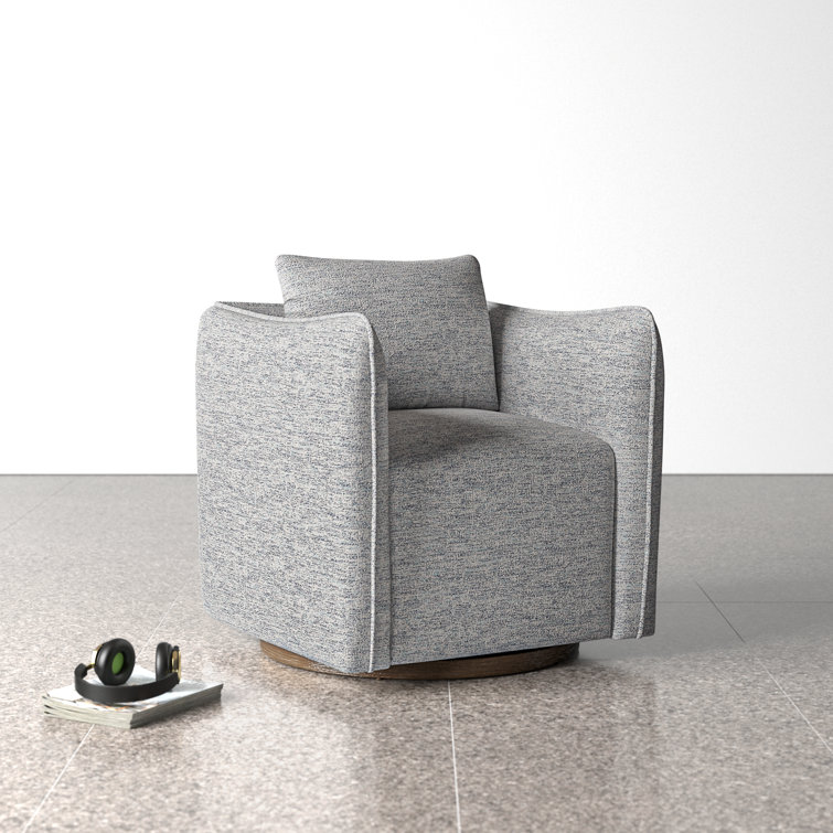 Gray Tweed Upholstered Swivel Accent Chair with Solid Wood Base