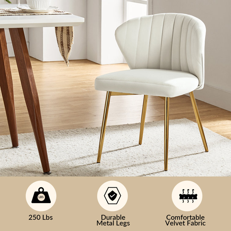 Ivory Velvet Upholstered Wing Back Side Chair Set with Gold Metal Legs