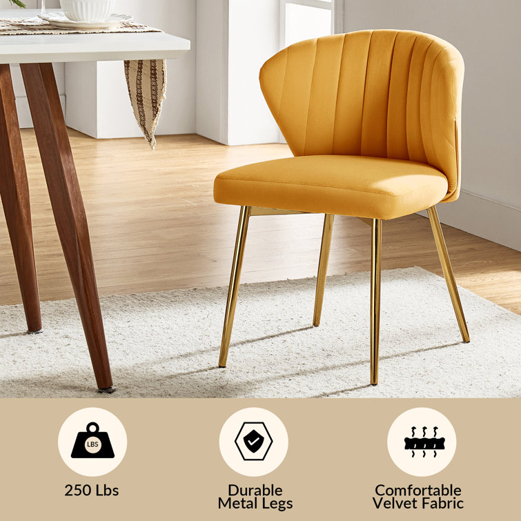 Mustard Velvet Upholstered Wing Back Side Chair Set with Gold Metal Legs